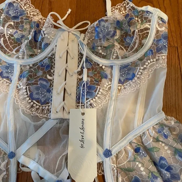 For Love And Lemons Blue and White Floral Lace Bodysuit - Picture 3 of 4